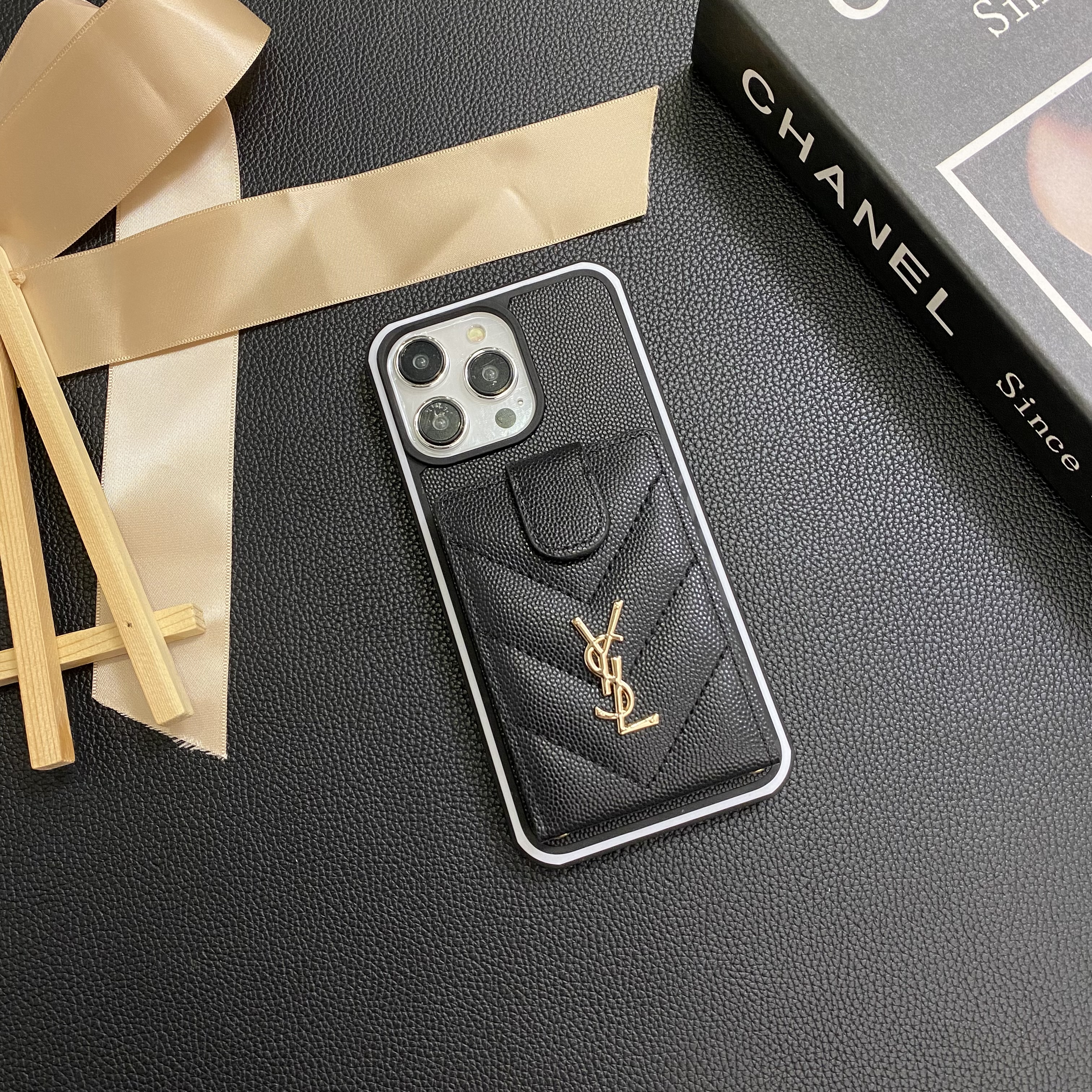Lambskin YSL Leather Card Holder Apple iPhone Case