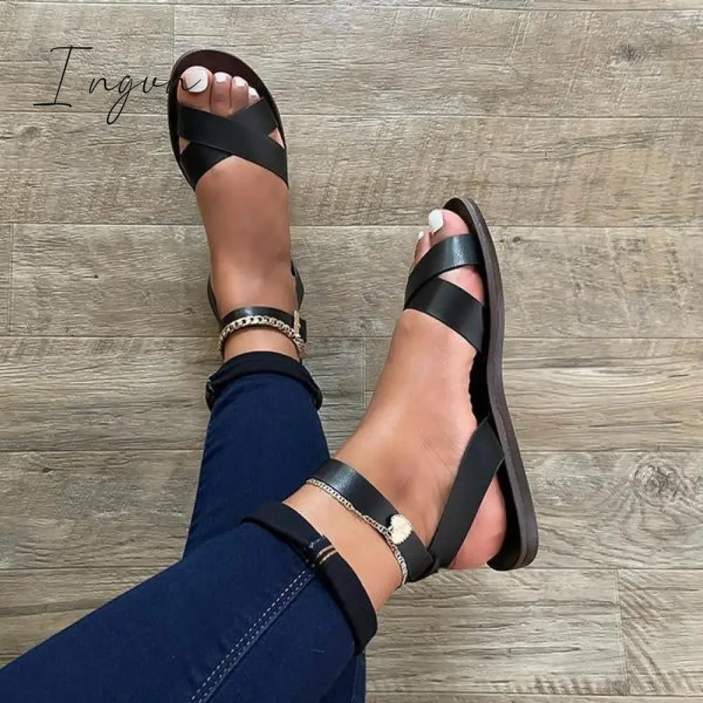 Ingvn - Cross Strap Classic Leather Sandals Black / 5