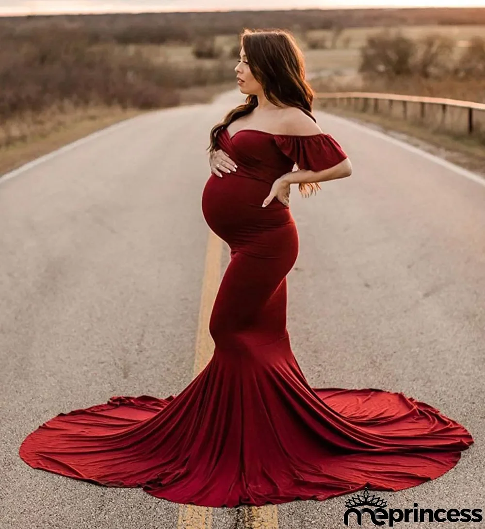 Maternity Ruffle Sleeve Cross V-Neck Trailing Dress