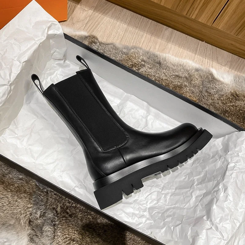 New Luxury Chelsea Boots Women Leather Ladies Boots Chunky Winter Shoes Platform Ankle Boots Slip On Thick Heel Brand Designer