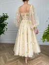 Cream French Chiffon Ball Gown Puff Lantern Sleeve Tulle A Line Prom Dress Yellow Flower Floral Print Embroidery Sweetheart Corset Boho Robe
