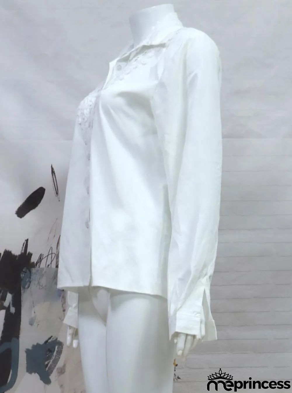 Fall White Mesh Patch Button Up Long Sleeve Formal Blouse