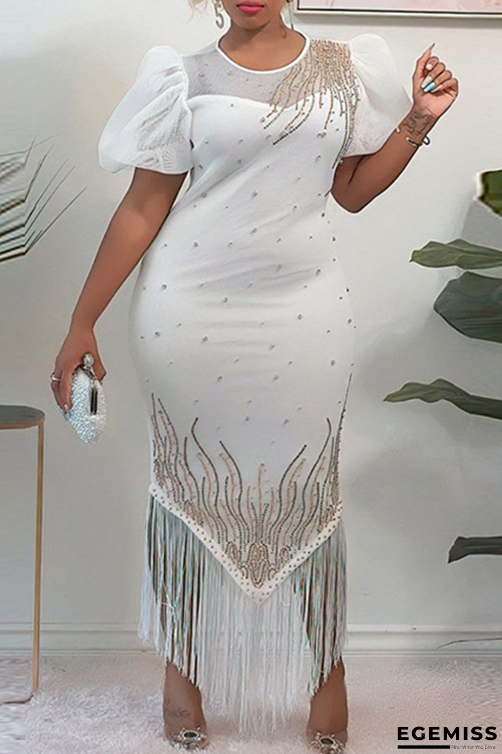 White Fashion Sexy Patchwork Hot Drilling Tassel See-through O Neck Evening Dress | EGEMISS