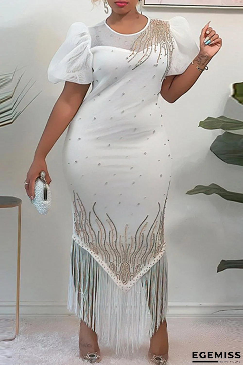 White Fashion Sexy Patchwork Hot Drilling Tassel See-through O Neck Evening Dress | EGEMISS