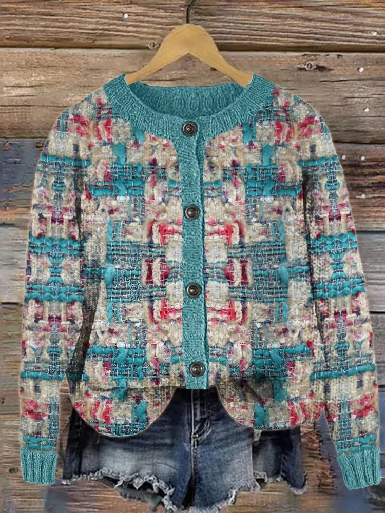 Vintage Blue & Pink Tweed Cozy Knit Cardigan