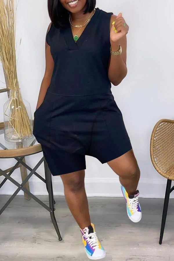 Casual V Neck Pocket Loose Rompers