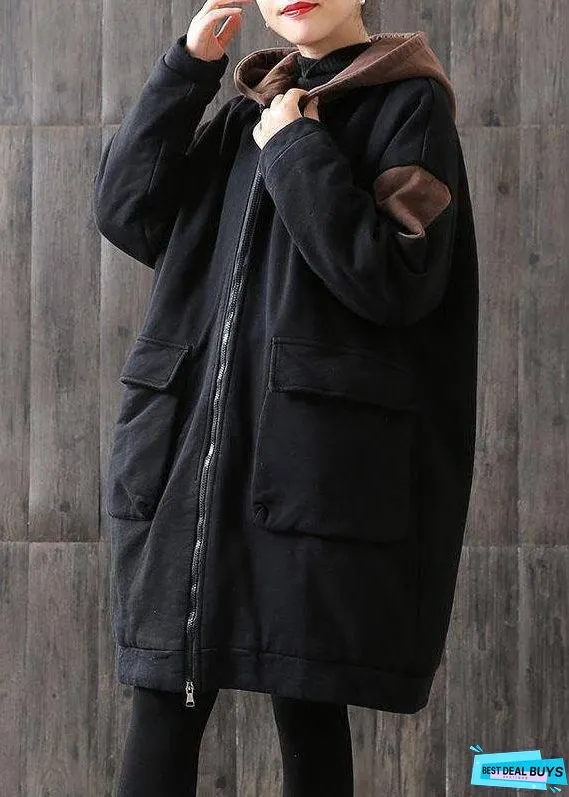 Unique Coffee hooded zippered Pockets Patchwork Winter Cotton Thick Coats Long sleeve