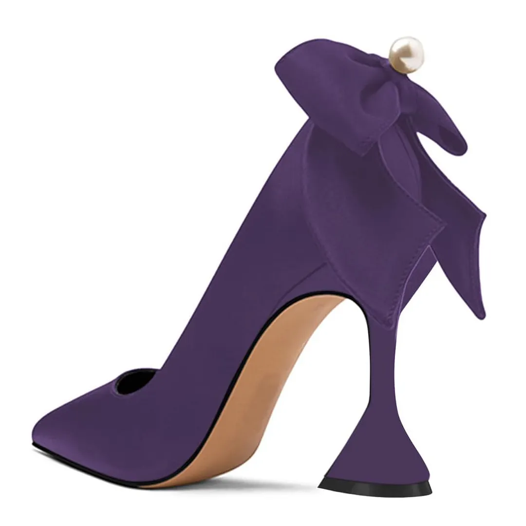 Satin Pointed Toe Pearl Decor Bow Flared Heel Pumps Shoes in Purple