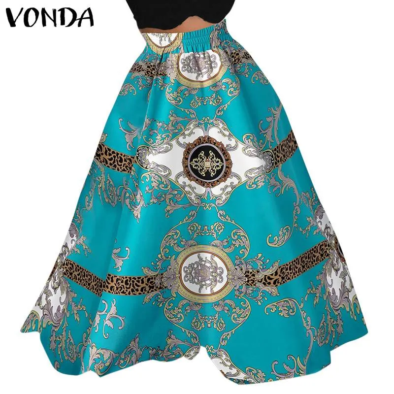 2022 VONDA Autumn Summer Party Long Maxi Skirt Women Casual Elastic Waist Skirt With Pockets Femininas Vintage Printed Skirts