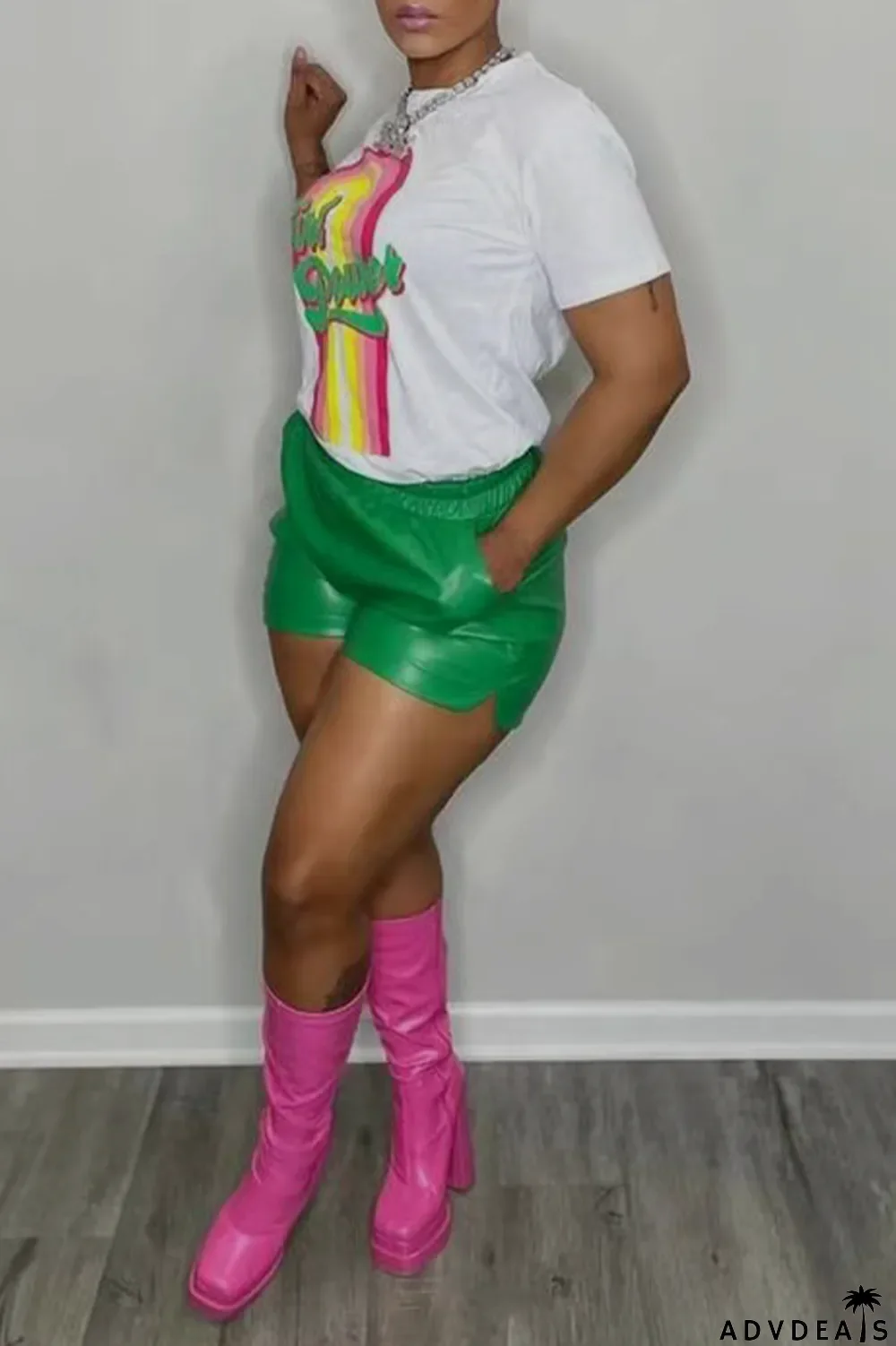 White Fashion Street Print Patchwork O Neck T-Shirts