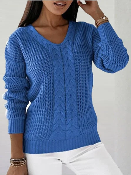 Women plus size clothing Women's Long Sleeve V-neck Solid Color Twist Knitting Sweater-Nordswear