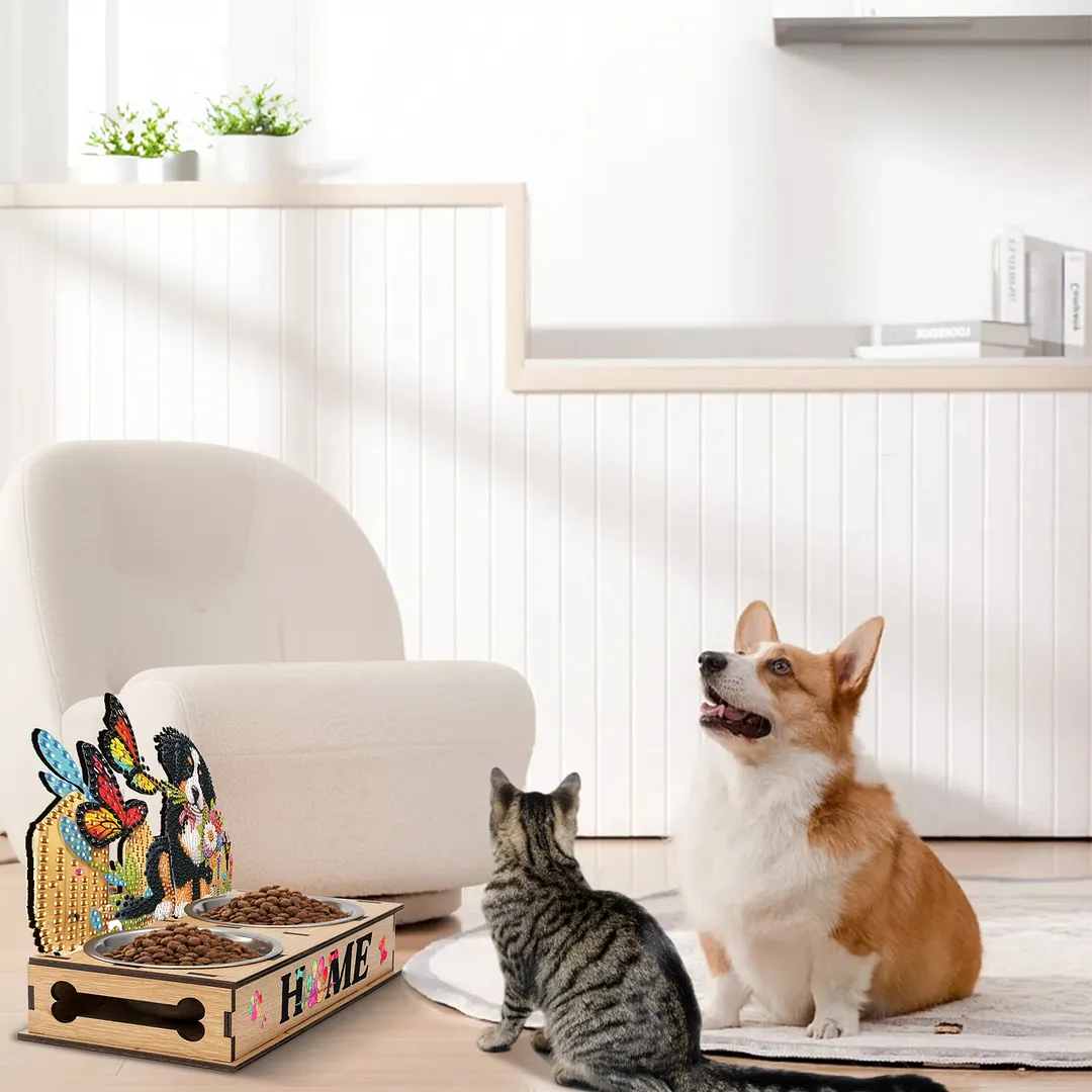 Diamond Painting Food Bowl with Wood Stand Diamond Art Dog Bowl for Small Dogs