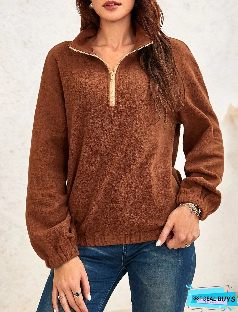Ladies Zipper High Neck Fleece Long-Sleeved Sweater