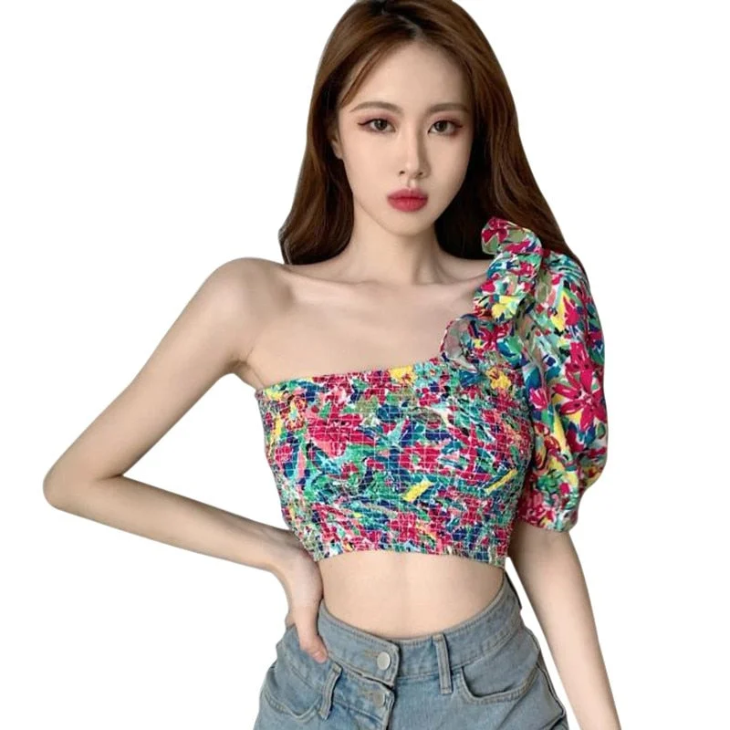 Summer New Women Chiffon Shirt Korean Floral Print Ruffled Irregular Top Slim Short Summer Ladies Blouse Tops