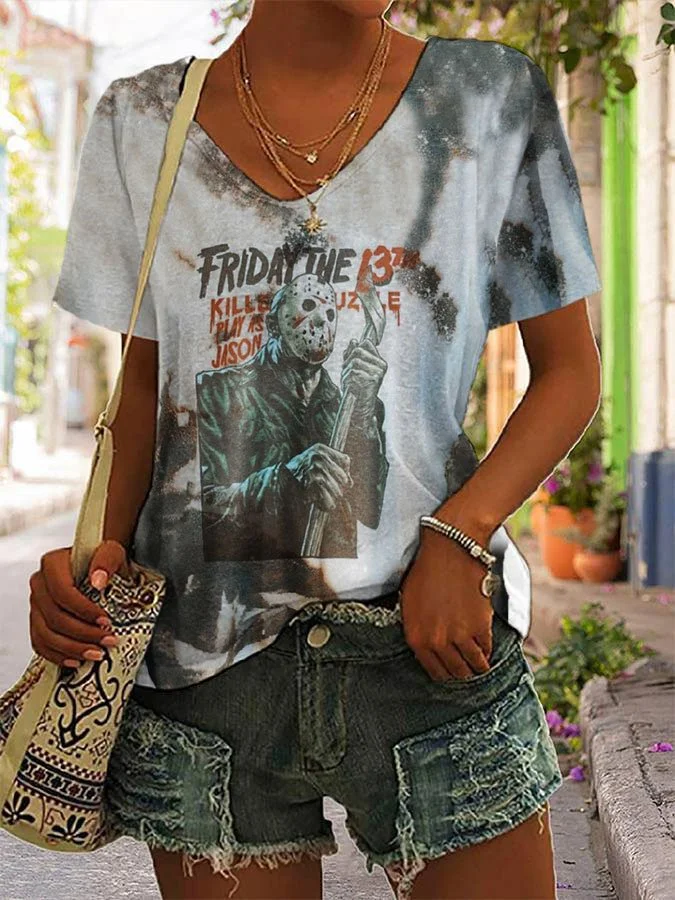 Women's Friday The 13th Halloween Print V-Neck T-Shirt