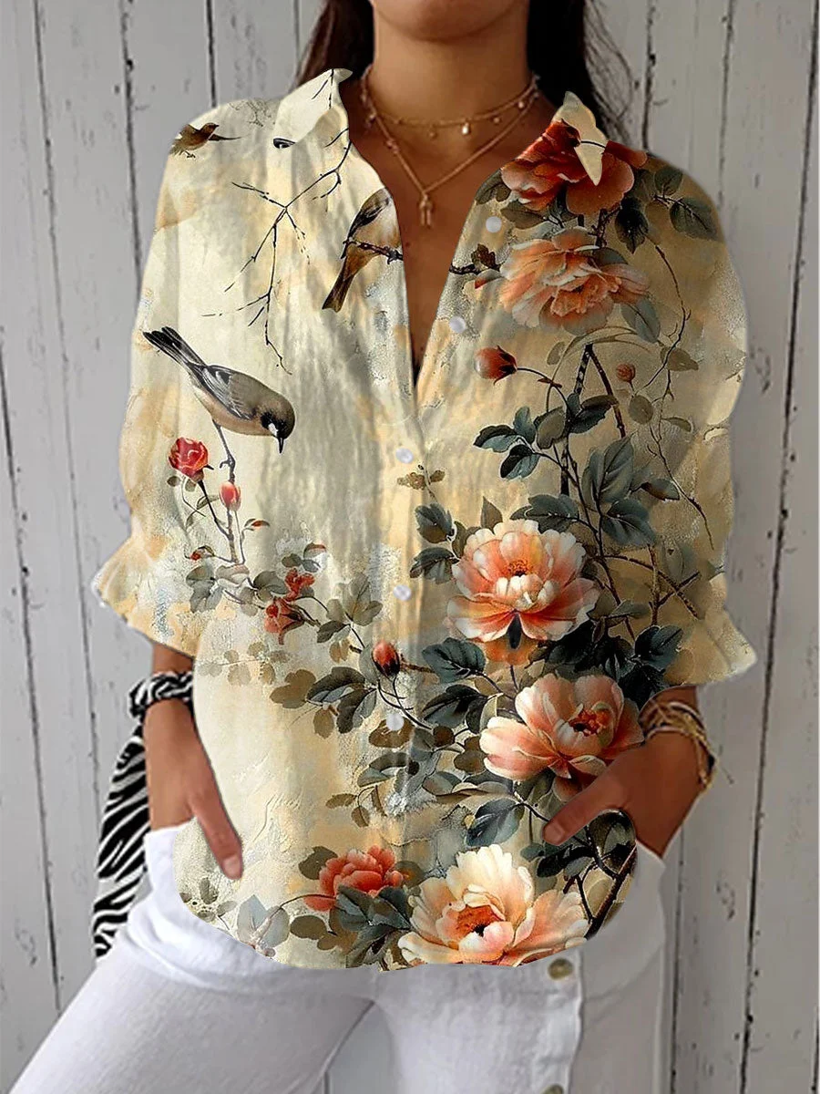 Women's  Vintage Flowers Art Print Casual Linen V-neck Shirt
