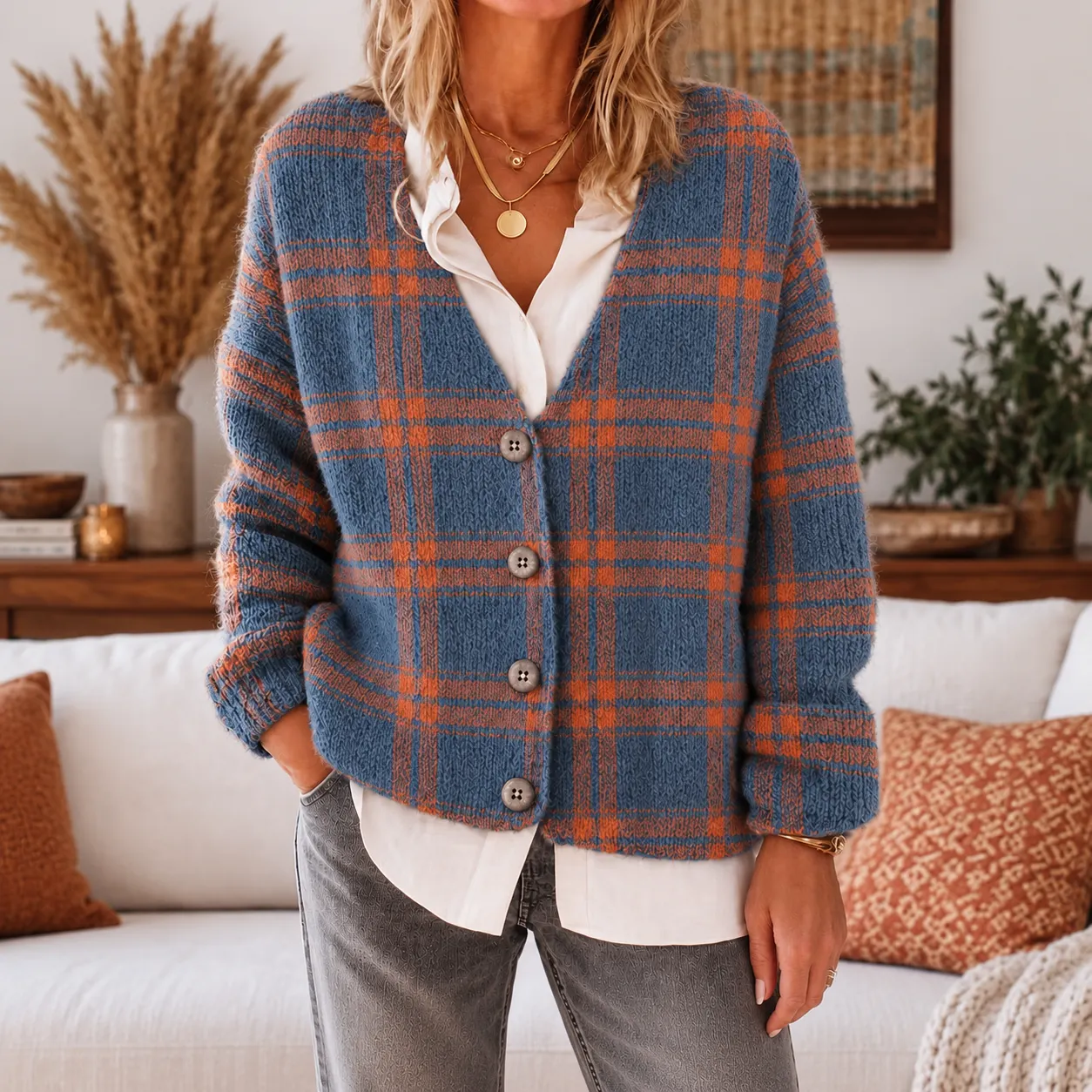 Comstylish Women's Retro Plaid Pattern Art Casual Knit Cardigan