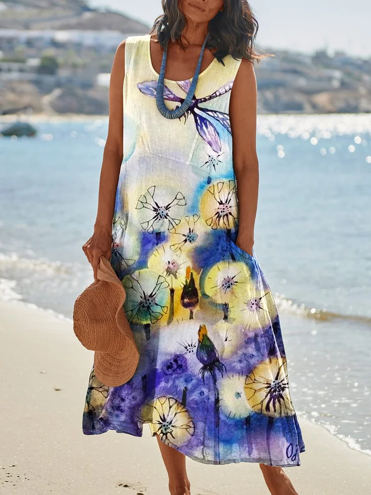 Dragonfly Dandelion Print Womens Pocket Pinafore Linen Dress