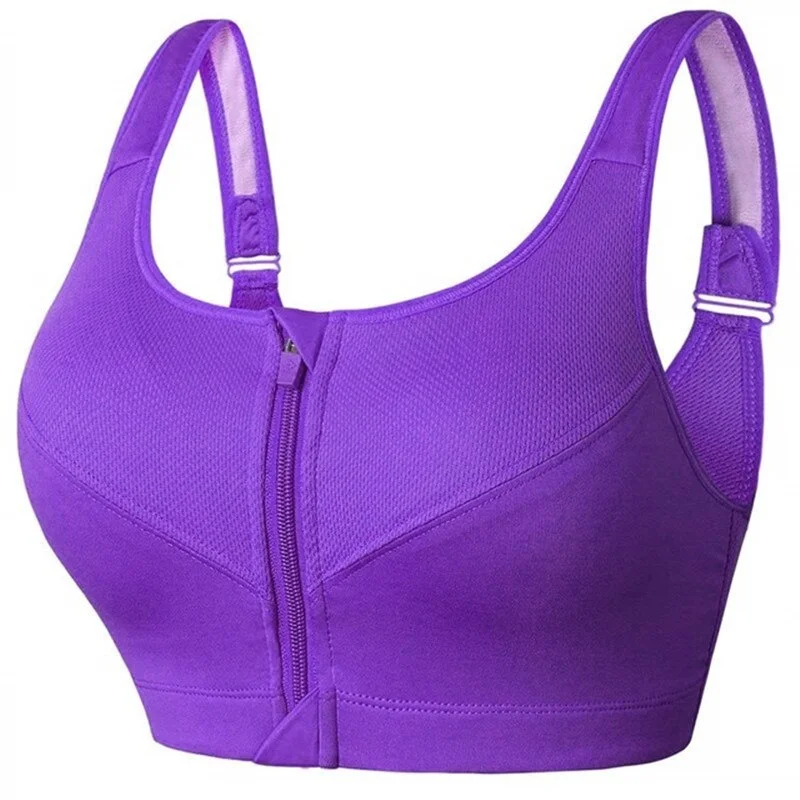 Women's Sports Bra Gathered Without Steel Ring Yoga Running Vest Fitness Front Zipper Sexy Shockproof Underwear Plus Size Solid