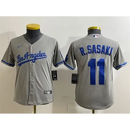 Youth Los Angeles Dodgers #11 Roki Sasaki Grey Cool Base Stitched Baseball Jersey 5GBO