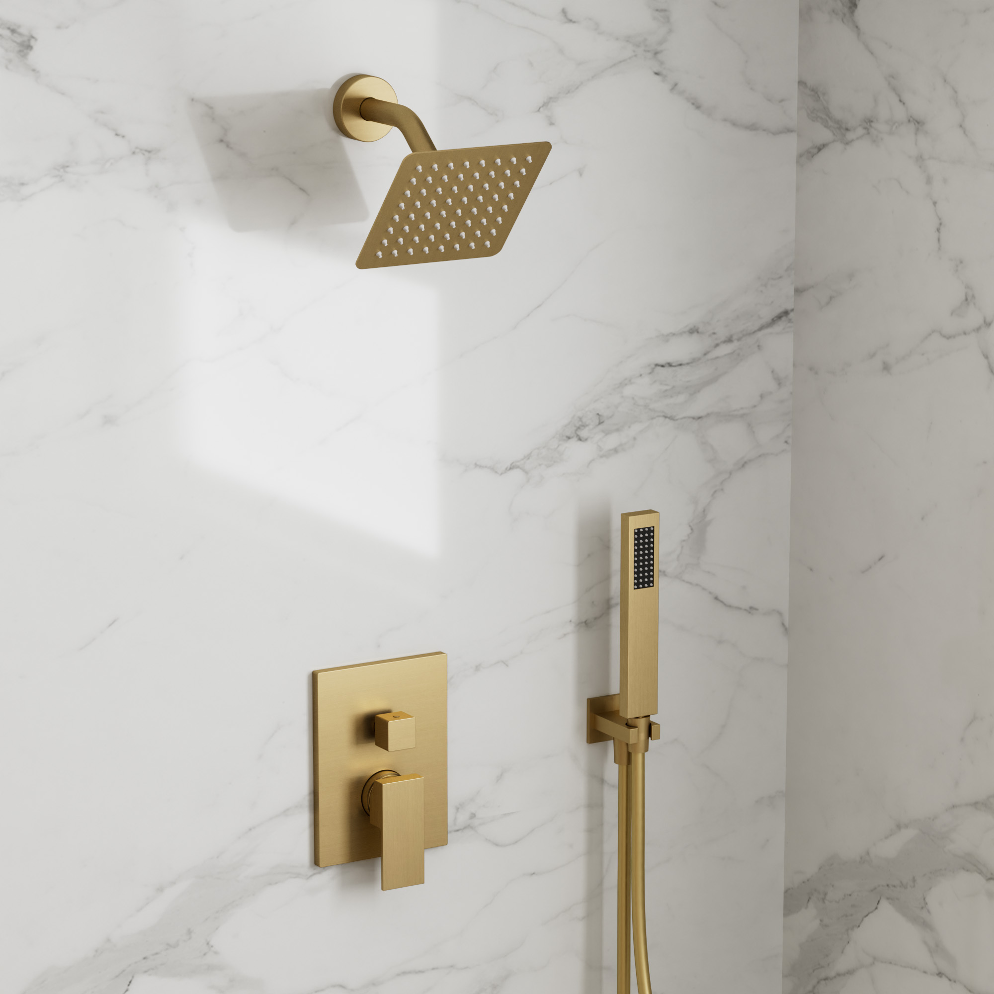 2-Spray Pattern 6 in.Square Shower head with Single Handle Shower Handheld Faucet 2.5 GPM in Brushed Gold