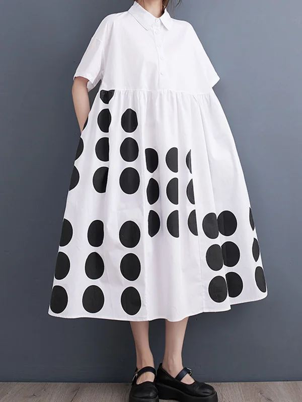 Printed Polka Dot Pockets Buttoned Short Sleeves Loose Lapel Midi Dresses