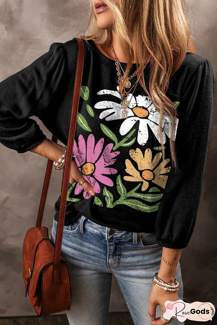 Black Flower Print Bracelet Sleeve Round Neck Top