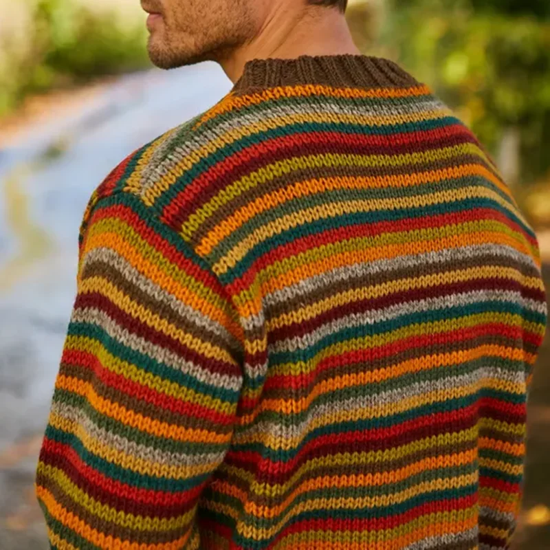 Retro Warm Colorful Striped Knitted Jacquard Iceland Crew Neck Sweater
