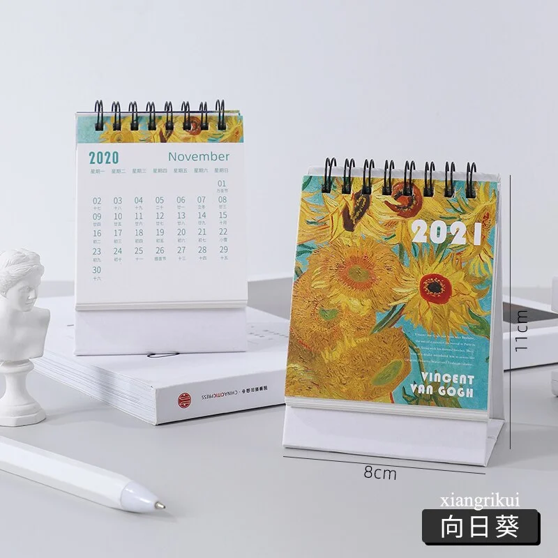 JIANWU 2021 Mini Desk Calendar Oil Painting Series Mini Desktop Desk Calendar Retro Famou Painting Art Coil Calendar Book Kawaii