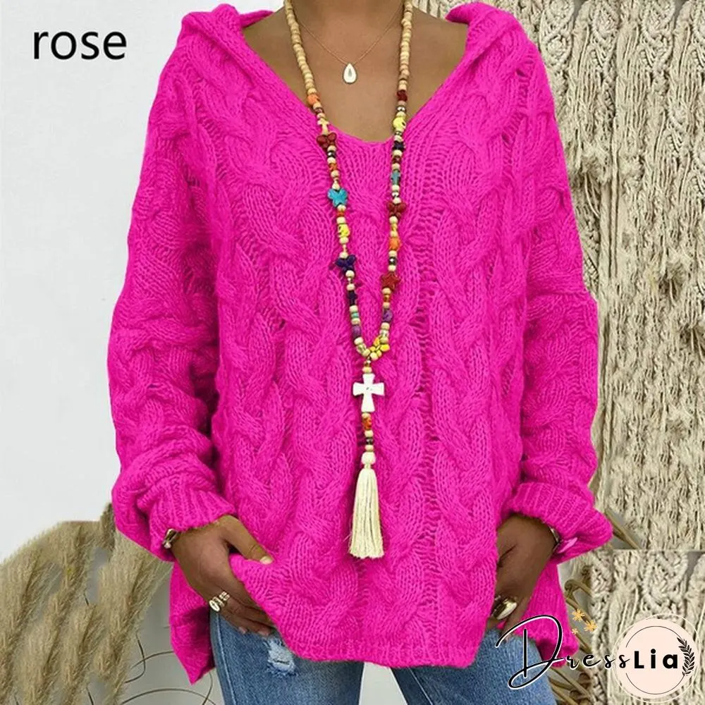 Colors Autumn And Winter New Womens Warm Hooded Long-Sleeved Knitted Sweater Cardigan Plus