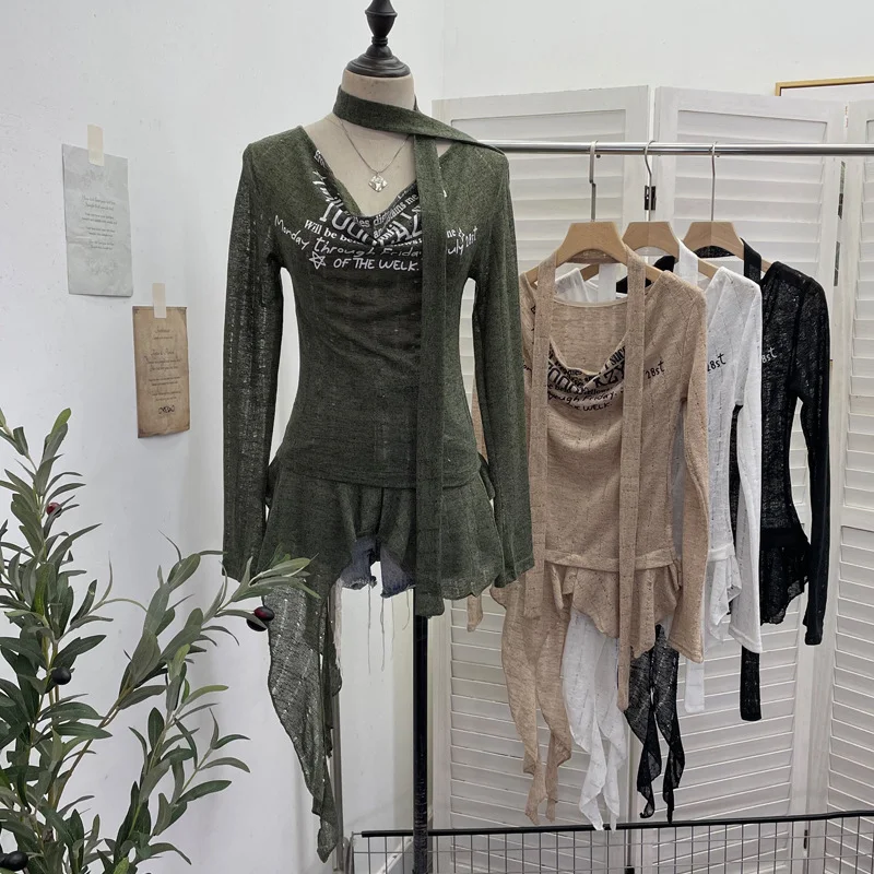 Nigikala Nigikala Shooting Retro Irregularly Hollow Knitted Jersey Dress Girl With Hottie Word Shoulder Collar Blouse 8101