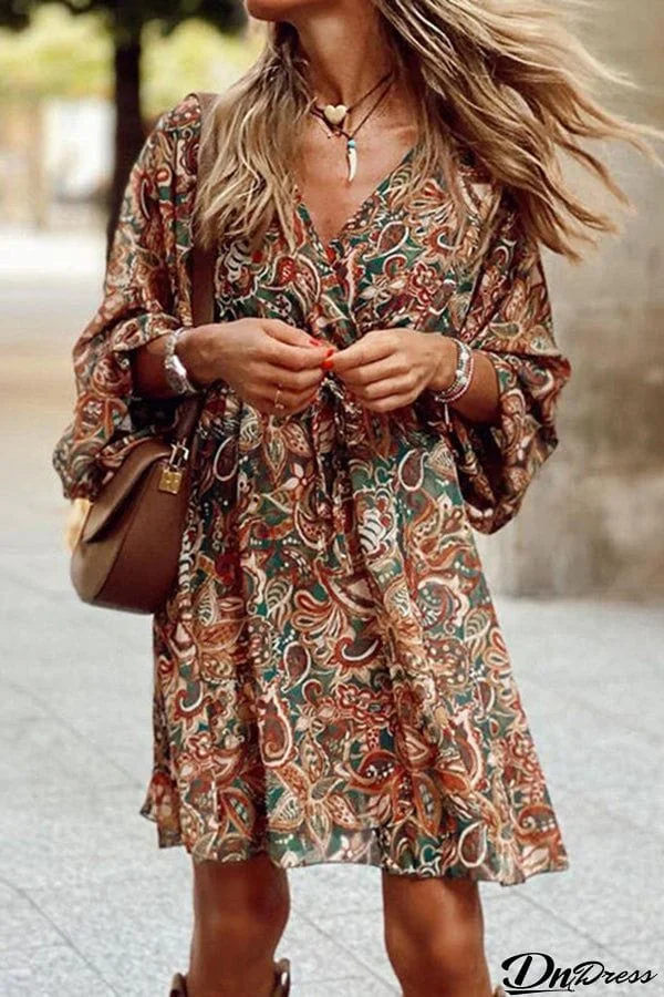 Print 3/4 Sleeves Dropped Shoulder A-Line Above Knee Casual Dresses