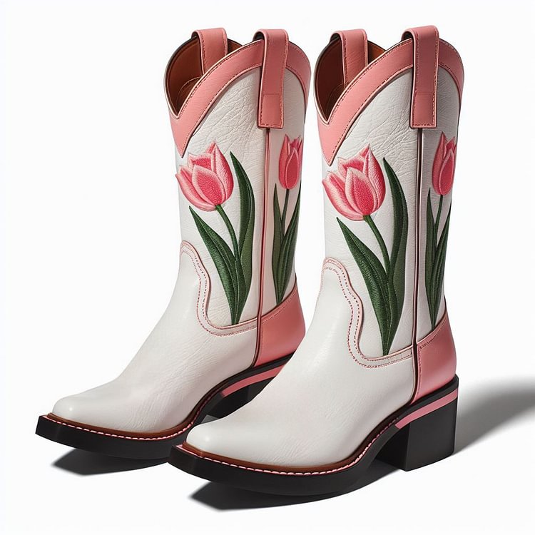 TAAFO Pink Tulips Flower Bluebonnet Chunky Heel Mid-Calf Cowboy Boots