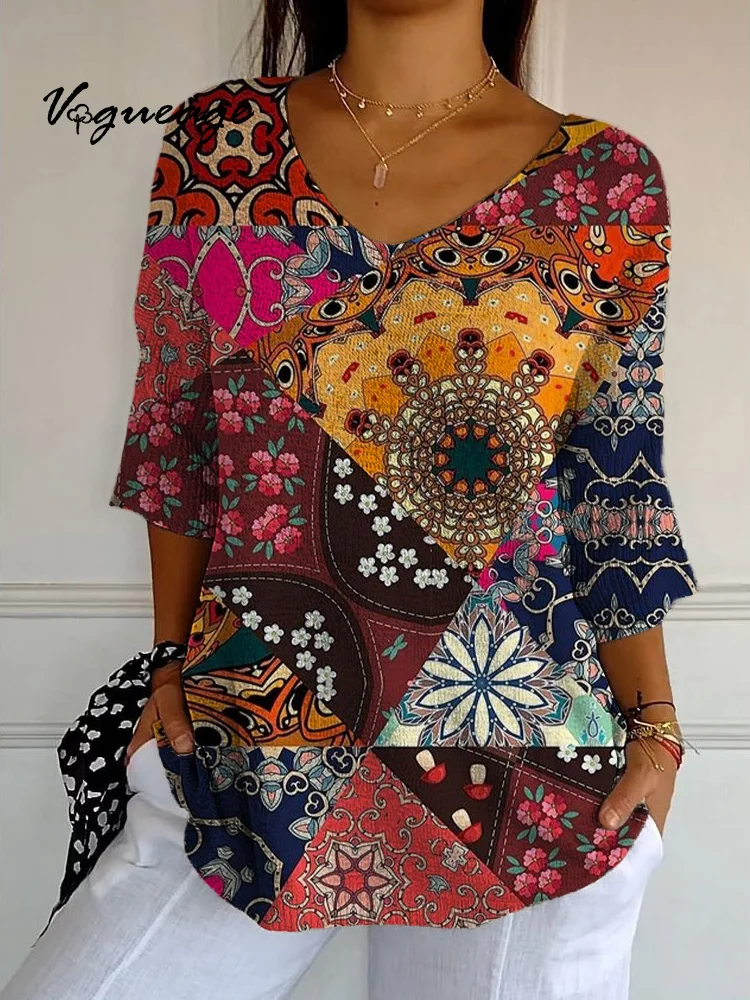 Fashion Retro Multi-Color Floral Stitching Printed Knitted Sweater
