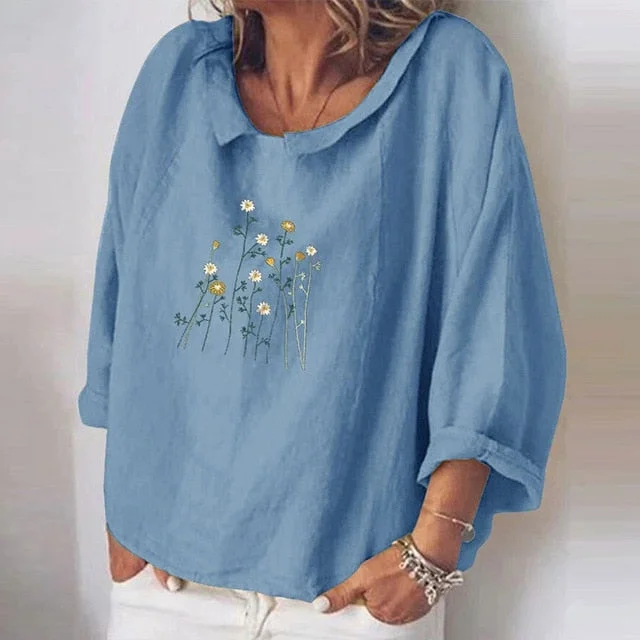 Cotton Linen Women Blouses Summer Long Sleeve Florals Animal Print Blouse Shirts Turn-down Collar Loose Female Blusa Tosp 5XL