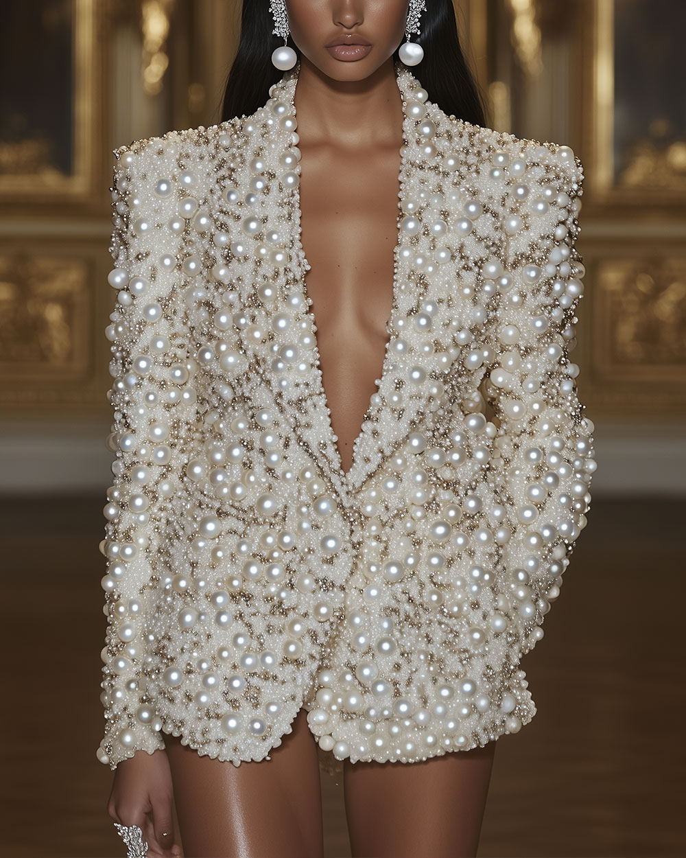 Fashion Sexy Pearl Sequin Long Sleeve Blazer Dress