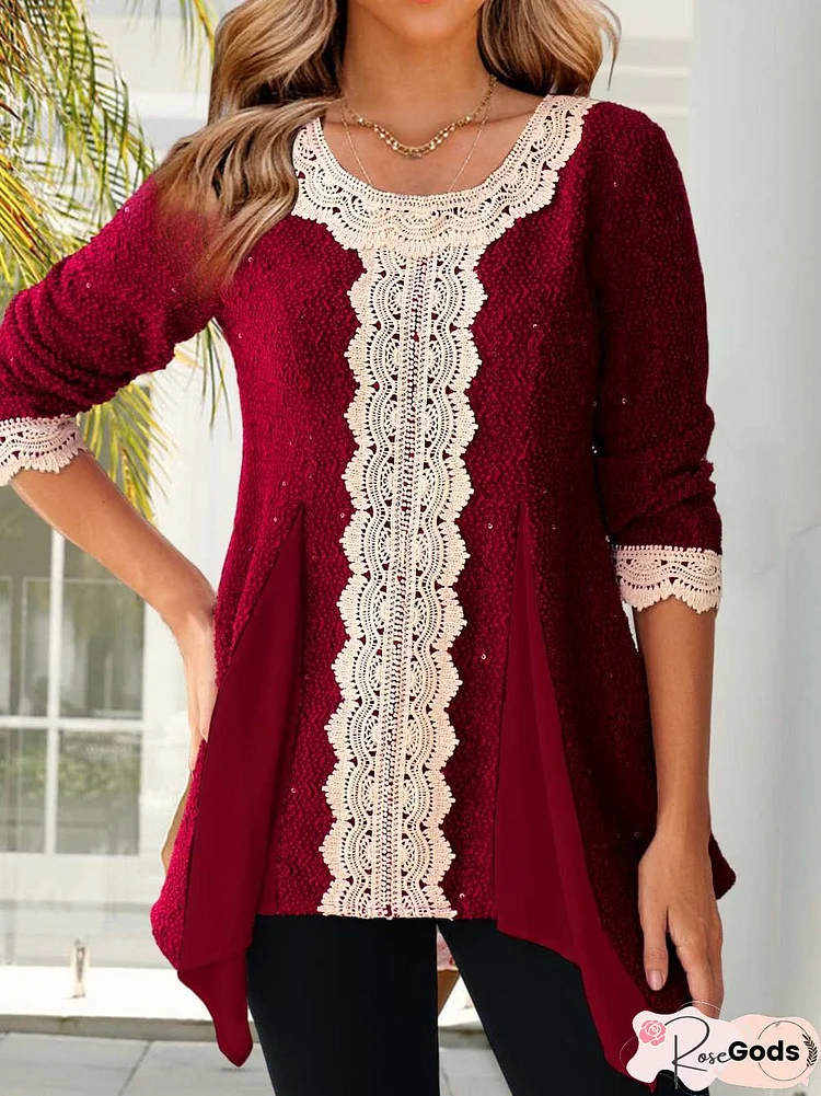 Crimson Lace Panel Crewneck Top