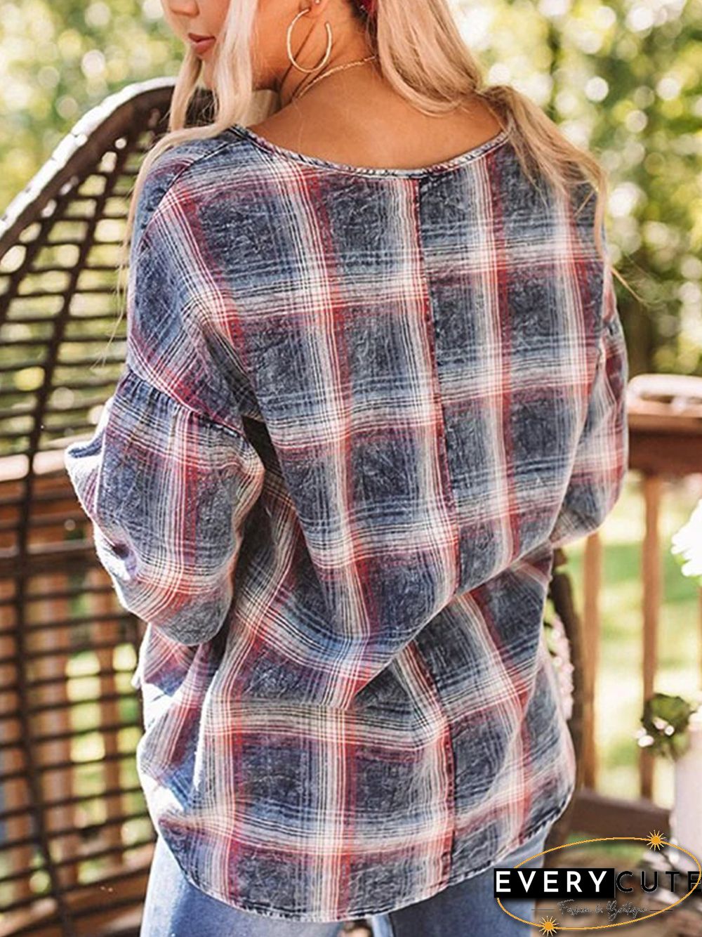Grid Casual Cotton-Blend Checkered/plaid Blouse