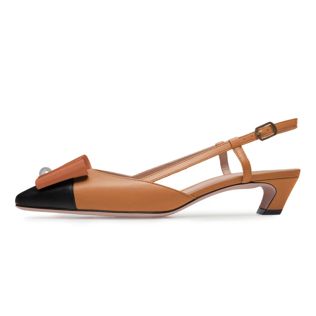 Tan Square Cap Toe Chunky Heel Slingback Pumps with Bow and Pearl
