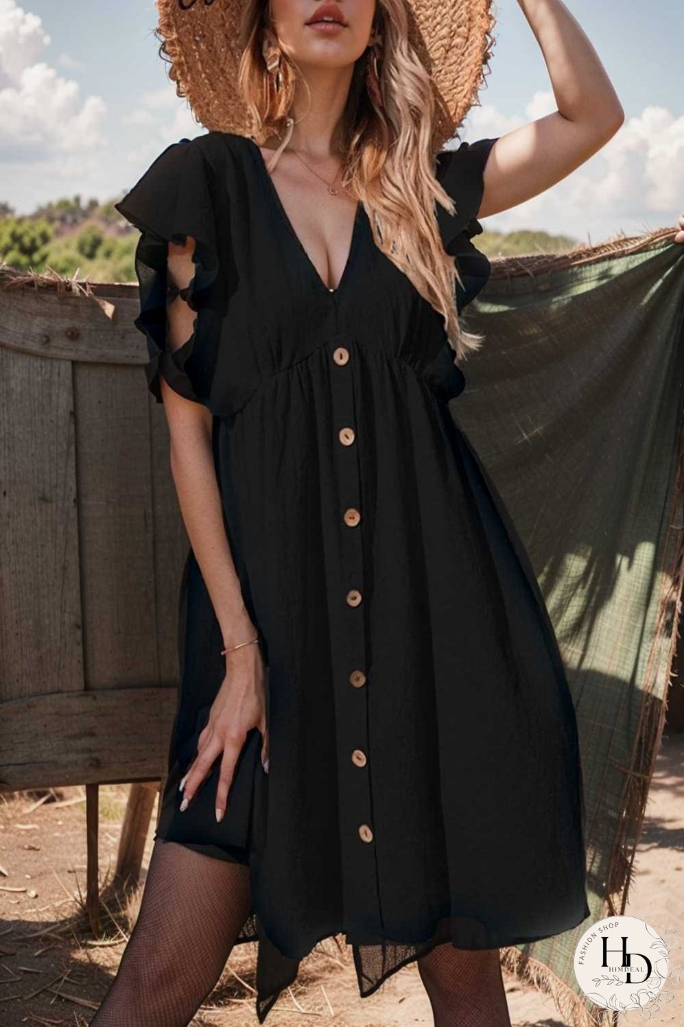 v neck button up all match fashion mini dress