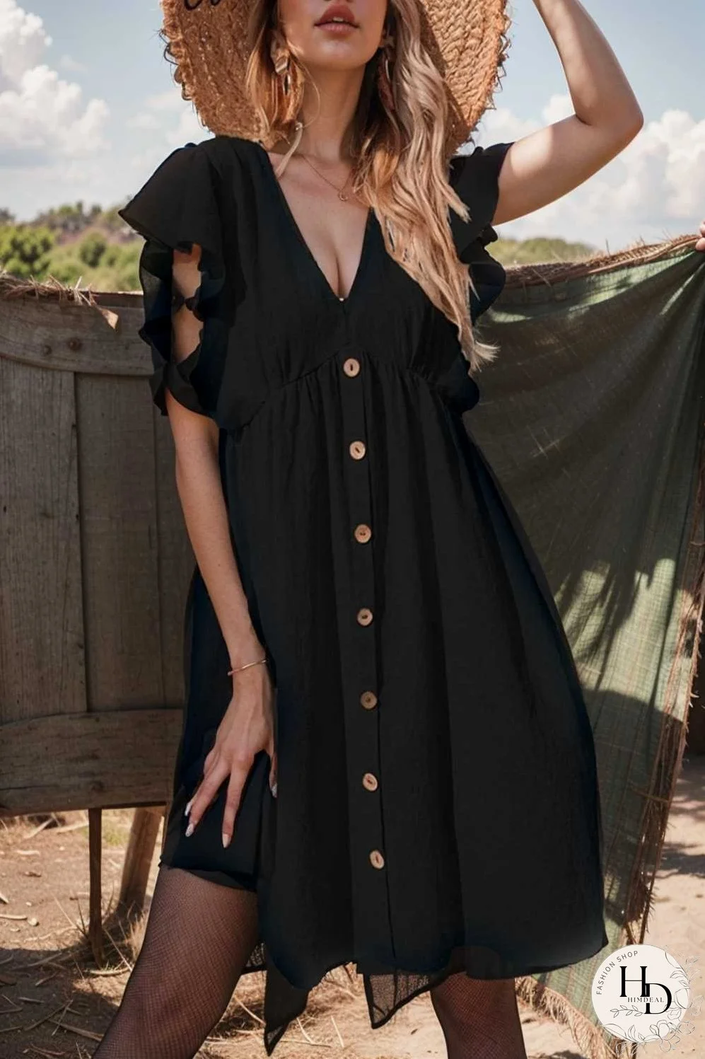 v neck button up all match fashion mini dress