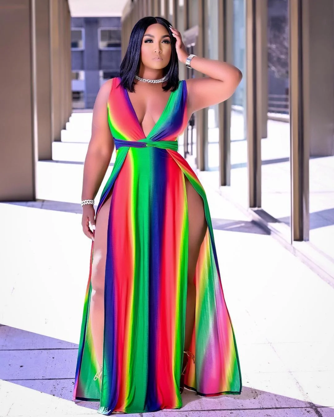 Rainbow Striped Bohemian Beach Plus Size Dresses