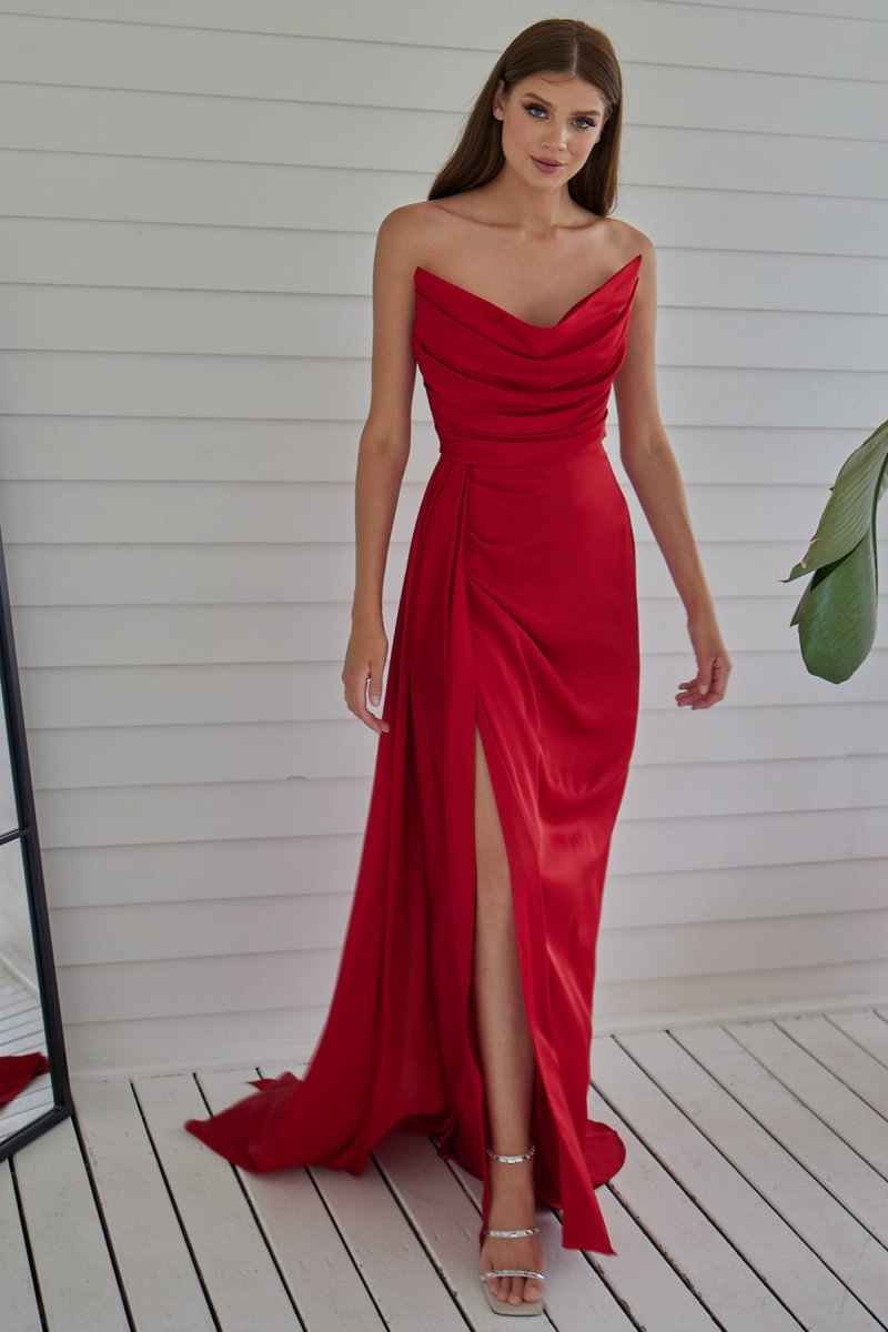 Miabel Gorgeous Strapless Slit Red Prom Dress Long