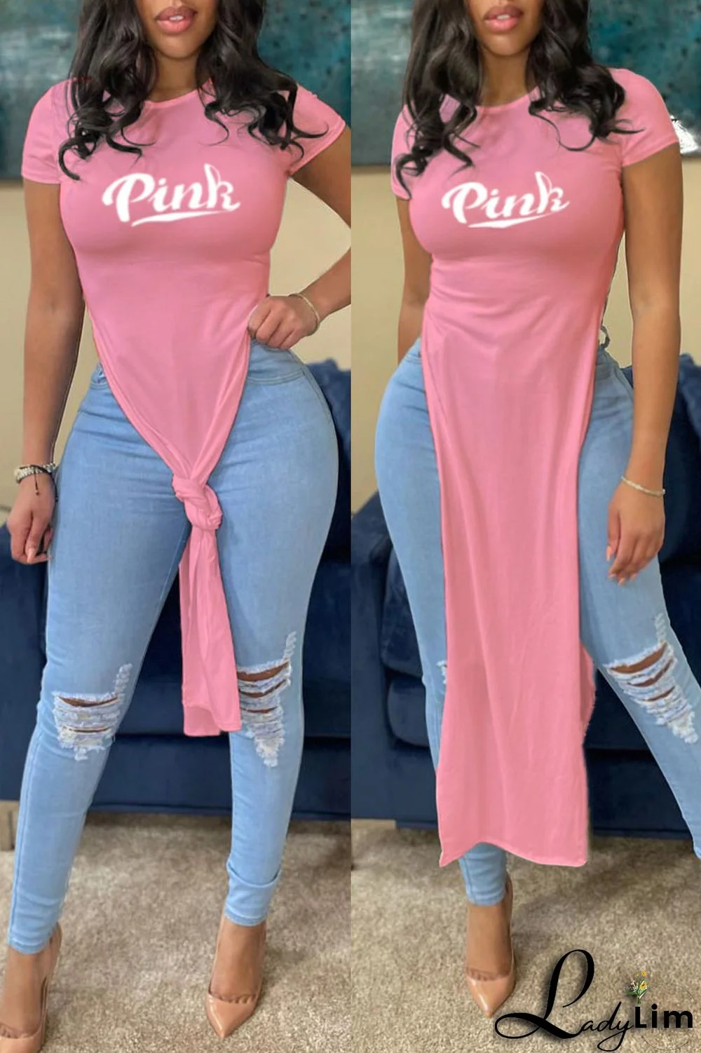 Orange Fashion Casual Letter Print Slit O Neck T-Shirts