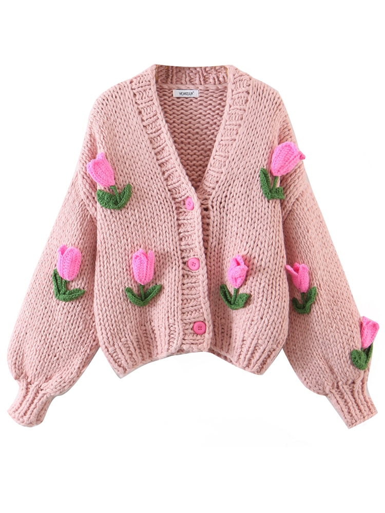 Nncharge Retro Hand Made Crochet 3D Flower Ball Cardigan Vintage Woman V neck Long sleeve Purple Knitting Sweater Knitwear Jumper