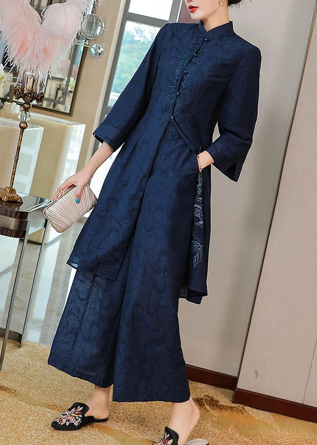 Navy Silk Two Pieces Set Embroideried Stand Collar Button Fall