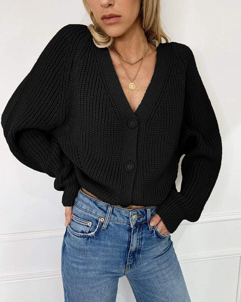 Boho inspired RELAXED KNITTED CARDIGAN for women v-neck cardigans sweaters women Casual Solid Basic Long Sleeve Button cardigan