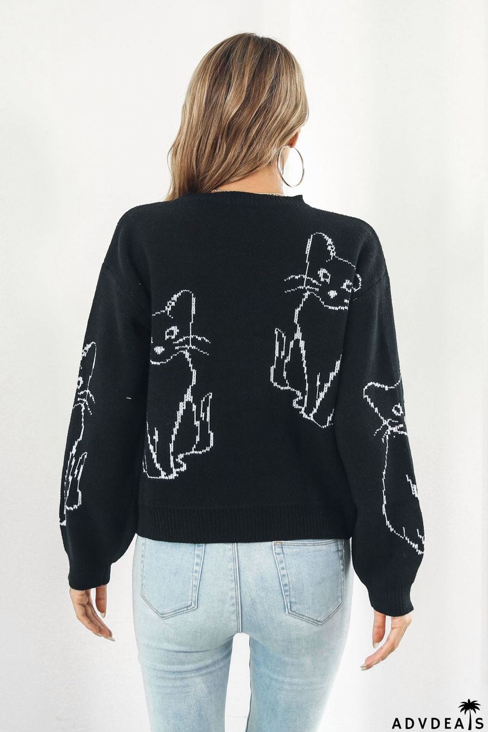 Cat Pattern Round Neck Long Sleeve Pullover Sweater