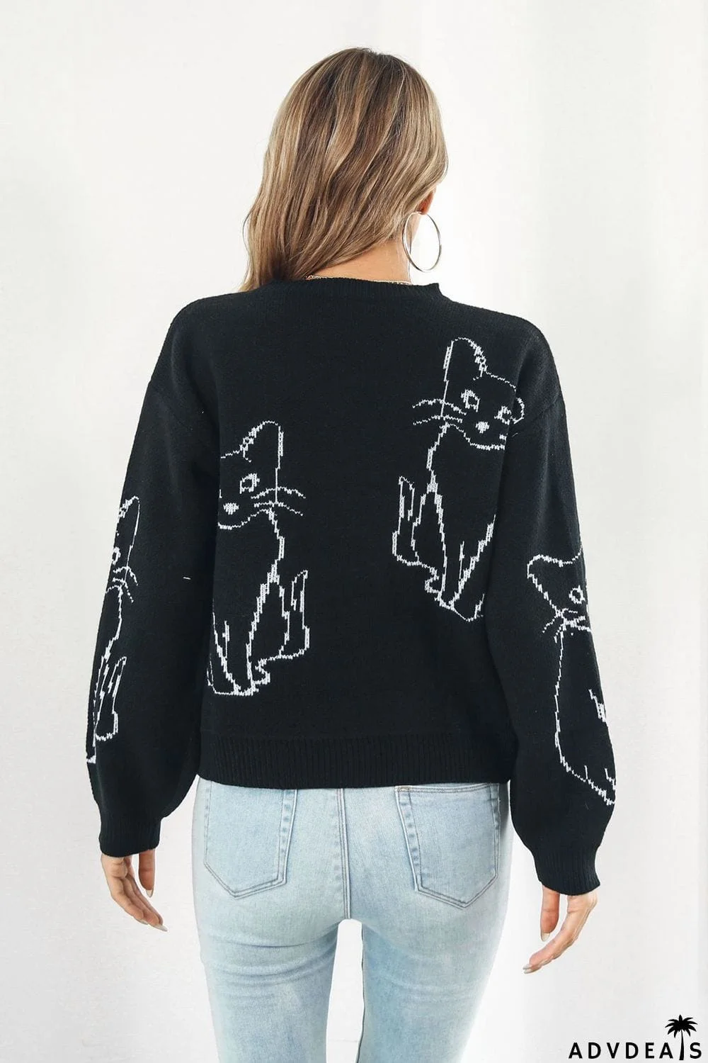 Cat Pattern Round Neck Long Sleeve Pullover Sweater