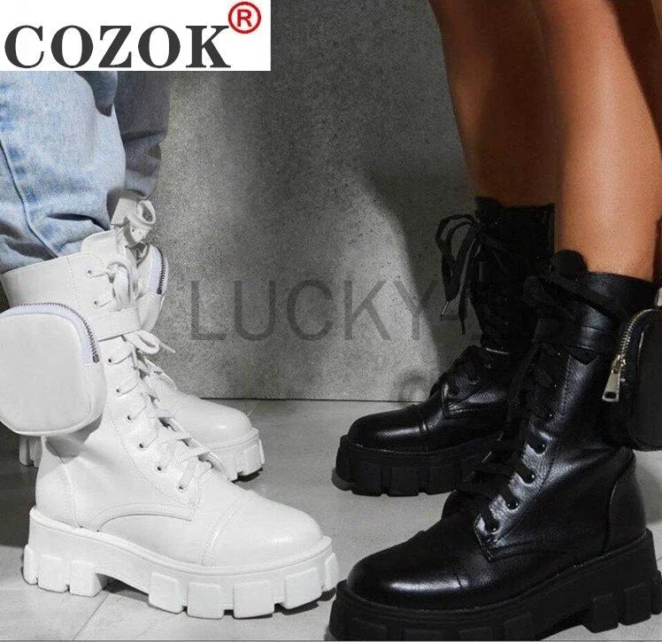 2020 Autumn Winter Bootie Pocket Buckle Strap Pink Chunky Sole Pouch Ankle Boots Shiny Leather Patchwork Arrival Platform Boots